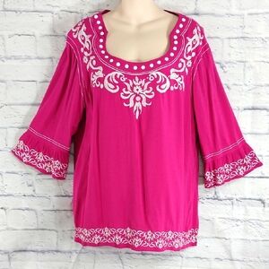 🔵BOGO FREE🔵 Multiples Top Pink Embroidered Boho Rayon Sz XL